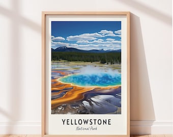 Impressão do Parque Nacional de Yellowstone, Arte de Parede Colorida com Fontes Termais e Vapor, Pôster de Paisagem Geotérmica, Download Digital para Impressão