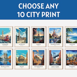Juego de 10 impresiones de ciudades personalizadas, arte mural de ciudades personalizado, diez ubicaciones, póster de viaje con descarga digital, juego de 10 impresiones de ciudades