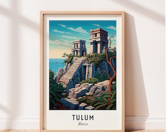 Plakat podróżniczy Tulum Ruiny Tulum Sztuka ścienna Meksyk Wydruk Miejskie dzieło sztuki Dekoracja ścienna Podróż Cyfrowe pobieranie Prezent podróżny