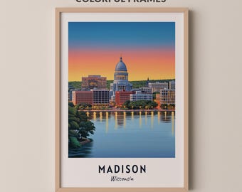 Madison reseaffisch Wisconsin tryck väggkonst stadstryck stadslandskap konstverk reseväggdekor digital nedladdning resegåva