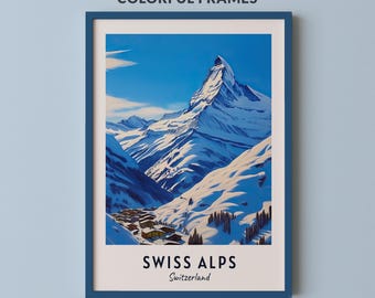 Swiss Alps Mountain Print, Switzerland Winter Nature Landscape Wall Art, Snowy Peak Travel Poster, Printable Digital Download