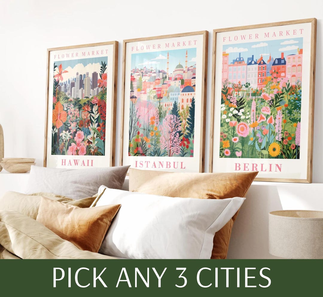 City Travel Flower Market Wall Art – Set of 3 Botanical Prints, Pink ...