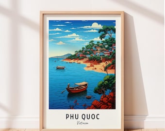 Muurdecoratie met een afbeelding van de kust van Phu Quoc, Vietnam, met houten boten en een tropische baai, ideaal als strandposter voor op reis, printbare digitale download.