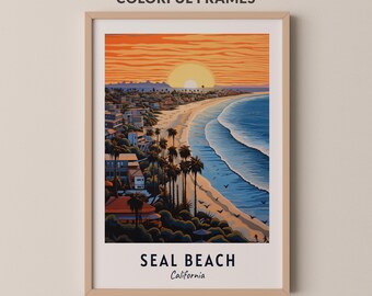 Póster de viaje de Seal Beach, California, impresión de arte de pared, impresión de ciudad, obra de arte de paisaje urbano, decoración de pared de viaje, descarga digital, regalo de viaje