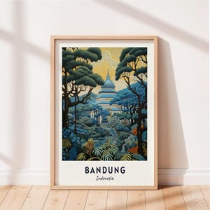 Bandung cartaz de viagem gedung sate arte de parede indonésia impressão paisagem urbana arte de viagem decoração de parede download digital presente de viagem