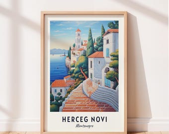 Póster de viaje de Herceg Novi, arte mural del casco antiguo de Herceg Novi, impresión de Montenegro, obra de arte de paisaje urbano, decoración de pared de viaje, descarga digital, regalo de viaje