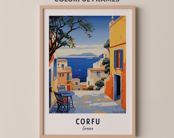 Corfu Greece Terrace Print, Blue Sea and Colorful Village Wall Art, Mediterranean Travel Poster, Printable Digital Download