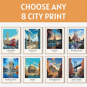 Conjunto personalizado de 8 impresiones de ciudades, arte mural personalizado, ocho ubicaciones, descarga digital, carteles de viajes, conjunto de impresiones de ciudades para decoración del hogar