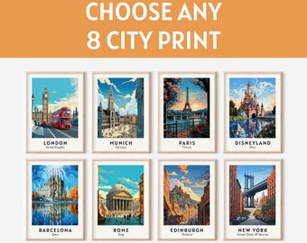 Könnte beinhalten: Acht gerahmte Stadtbilder mit berühmten Wahrzeichen. Die Bilder zeigen London, München, Paris, Disneyland, Barcelona, Rom, Edinburgh und New York. Der Text "CHOOSE ANY 8 CITY PRINT" steht oben.