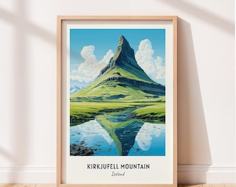 Kirkjufell Iceland Mountain Print, Green Peak and Water Reflection Wall Art, Nature Landscape Poster, Printable Digital Download