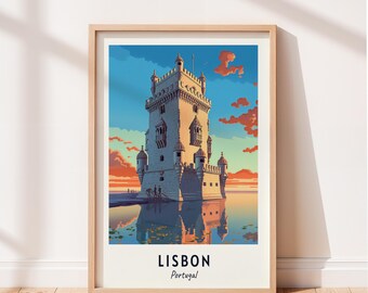Lisbon Travel Poster Belém Tower Wall Art Portugal Print Cityscape Artwork Travel Wall Decor Digital Download Travel Gift