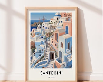 Lámina decorativa de Santorini, Grecia: Casas blancas y escaleras serpenteantes. Póster de viaje de la isla griega. Descarga digital imprimible.