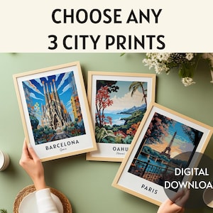 Custom Set of 3 City Prints, Personalized Wall Art, Digital Download, Any Four Locations, Travel Poster, Cityscape Posters