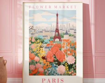 May include: A poster with a colorful illustration of a flower market in Paris, France. The Eiffel Tower is in the background. The poster says "FLOWER MARKET PARIS" in pink text.