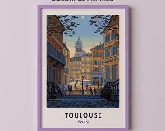 Plakat podróżniczy do Tuluzy, Francja, wydruk ścienny, sztuka miejska, pejzaż miejski, dekoracja ścienna, pobieranie cyfrowe, prezent podróżniczy