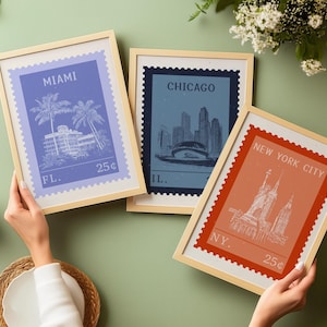 Vintage Stempel Reise Poster Set - Chicago, New York City, Miami - Retro City Wandkunst - Digital Download - Druckbare Reise Dekor