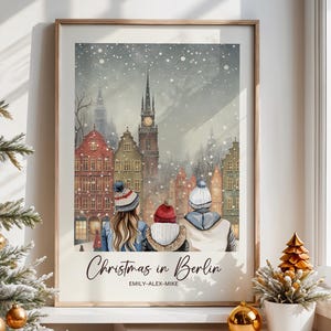 Weihnachtsfamilie Stadt Druck |  Personalisierte Weihnachtskunst | Weihnachtsstadt Wanddekor | Geschenk für Mama, Papa, Einzigartiges Weihnachtsgeschenk | Weihnachtskarte