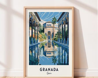 Poster di viaggio di Granada, Alhambra, arte murale, Spagna, stampa, paesaggio urbano, decorazione murale da viaggio, download digitale, regalo da viaggio