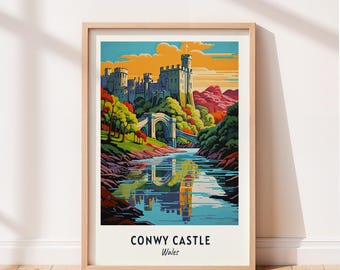 Cartaz de viagem do Castelo de Conwy, arte de parede do Castelo de Conwy, impressão do País de Gales, arte de paisagem urbana, decoração de parede de viagem, download digital, presente de viagem