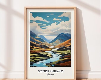 スコットランド高地風景プリント、スコットランド山岳渓谷自然壁画、川の旅ポスター、印刷可能なデジタルダウンロード