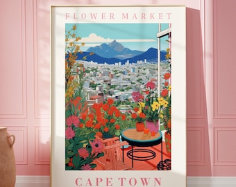 Stampa artistica da parete "Flower Market Cape Town" del Sudafrica, illustrazione floreale, arte botanica da parete, arte da parete di tendenza, poster moderno.