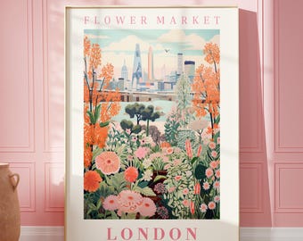 Flower Market London Print Wall Art United Kingdom Floral Illustration Botanical Wall Art Trendy Wall Art Modern Poster