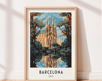 Barcelona Reseaffisch Sagrada Familia Väggkonst Spanien Tryck Stadslandskap Konstverk Reseväggdekor Digital Nedladdning Resegåva
