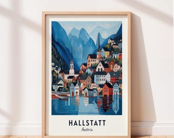 Hallstatt reseaffisch Hallstatt by väggkonst Österrike tryck stadsbild konstverk reseväggdekor digital nedladdning resegåva