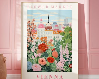 May include: A colourful illustration of a flower market in Vienna, Austria. The image features a cityscape with buildings and a sky with clouds. The foreground is filled with a variety of flowers in shades of pink, red, orange, yellow, and white.
