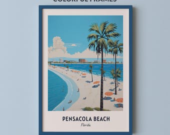 Pensacola Beach Florida Print, Tropical Palm Trees and White Sand Shore Wall Art, Coastal Travel Poster, Printable Digital Download