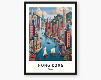 Hong Kong Travel Print, Hong Kong - China Travel Gift, Printable City Poster, Digital Download, Wedding Gift, Birthday Present