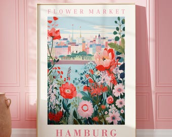 May include: A framed art print depicting a flower market in Hamburg. The illustration features a vibrant array of red, pink, and white flowers, set against a backdrop of a cityscape. The words "FLOWER MARKET" and "HAMBURG" are printed on the artwork.