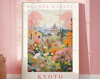 Bloemenmarkt Kyoto print muurkunst Japan bloemen illustratie botanische muur kunst trendy muurkunst moderne poster