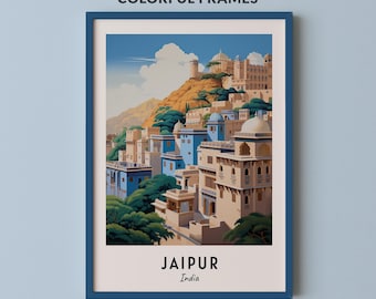 Póster de viaje de Jaipur, India, impresión de arte de pared, impresión de ciudad, paisaje urbano, obra de arte, decoración de pared de viaje, descarga digital, regalo de viaje