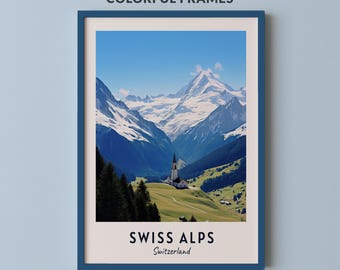Swiss Alps Switzerland Mountain Print, Snowy Peaks and Green Village Valley Wall Art, Alpine Travel Poster, Printable Digital Download