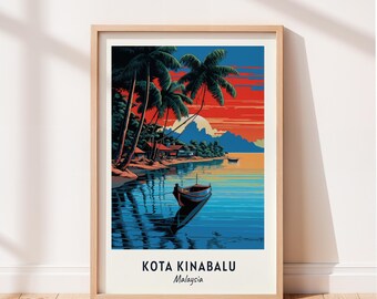 Print van de zonsondergang in Kota Kinabalu, Maleisië, muurdecoratie met palmbomen, strand en boot, tropisch eilandlandschap poster, printbare digitale download.
