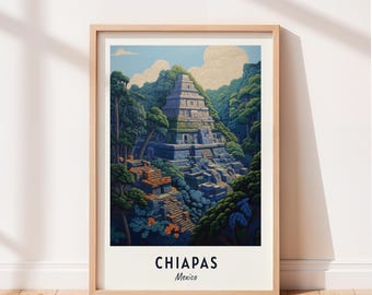 Chiapas Travel Poster Palenque Ruins Wall Art Mexico Print Cityscape Artwork Travel Wall Decor Digital Download Travel Gift