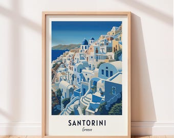Póster de viaje del pueblo de Santorini Oia, arte mural de la costa griega, lámina de arquitectura de cúpula azul, descarga digital imprimible.