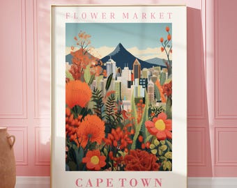 Stampa artistica da parete "Flower Market Cape Town" del Sudafrica, illustrazione floreale, arte botanica da parete, arte da parete di tendenza, poster moderno.