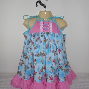 OOAK, Blue, Pink, Girl&#39;s Sundress, Age 2 - 3, 100% Cotton, Lace, Butterfly, Teddy Bears, Flowers, Summer, Holidays