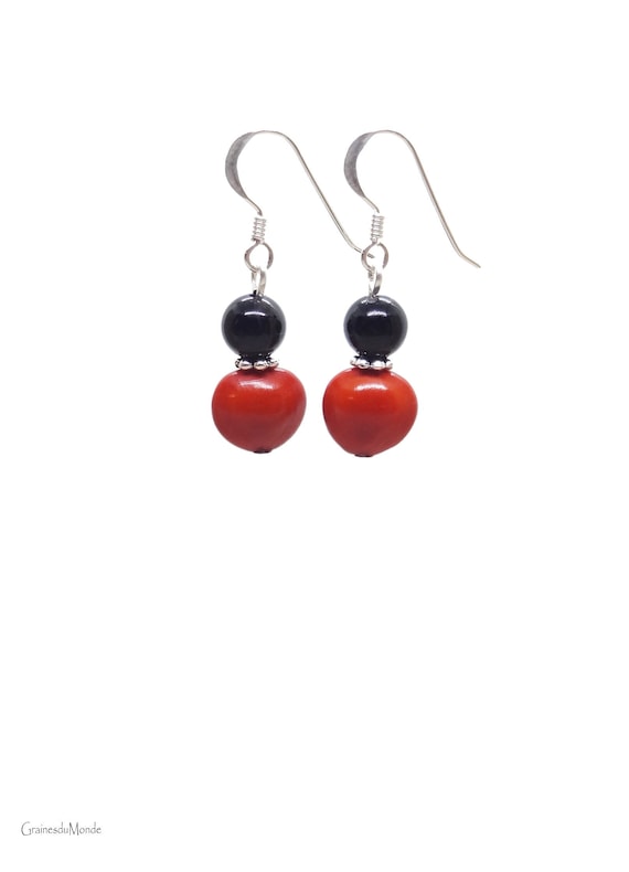 925/1000 silver earrings and Jumbi-Bead (Adenanthera pavonina) and 6mm black Onyx