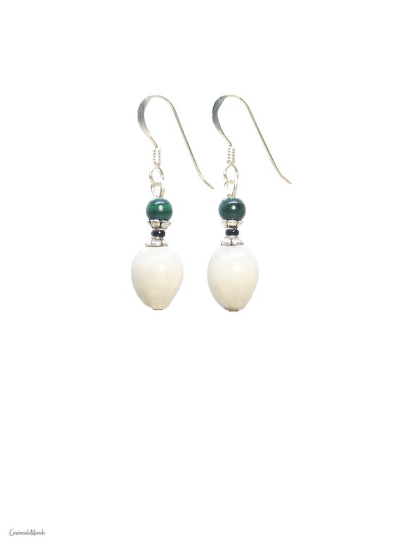 925/1000 Silver earring, Malachite and Job's Tears of Job from Madagascar