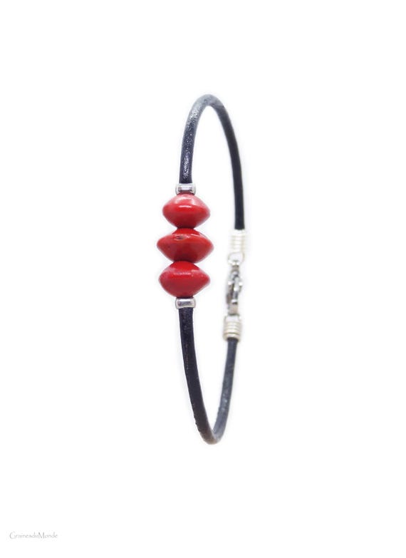 2mm leather bracelet and 3 red bead (Adenanthera pavonina) natural and perennial red color
