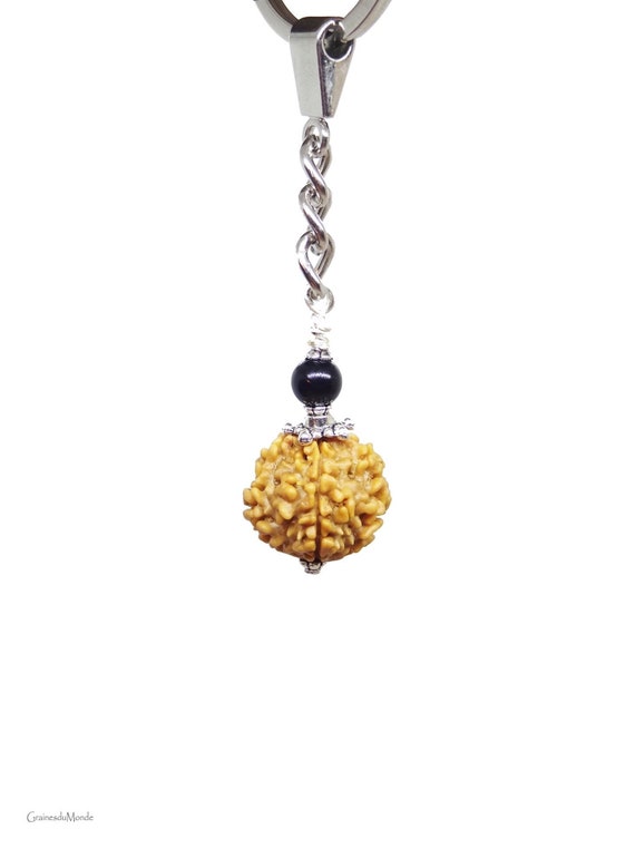 Key ring Rudraksha 5 Mukhi 16mm origin Nepal and black Onyx 6mm