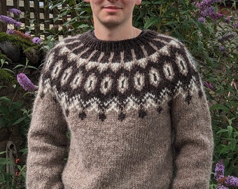 Knitted Icelandic Alafoss Lopi Wool jumper sweater 100% Icelandic lopi yarn. Hand knitted in Scotland. Made to order.