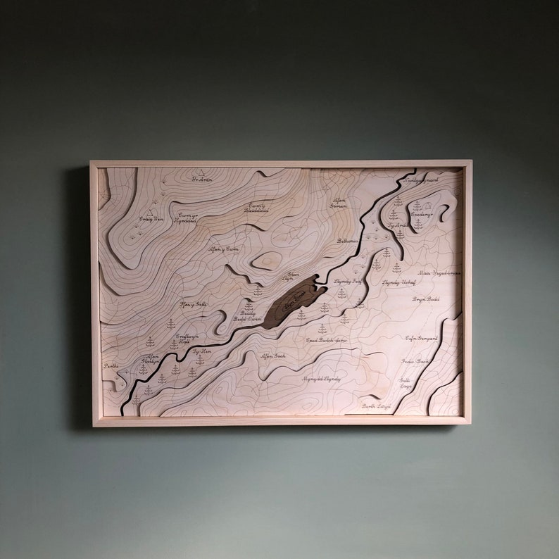 Llyn Dinas Wooden topographic map / North Wales / Beddgelert / River Glaslyn / Snowdonia / Nant Gwynant / Lake Llyn Dinas / Framed Artwork image 2