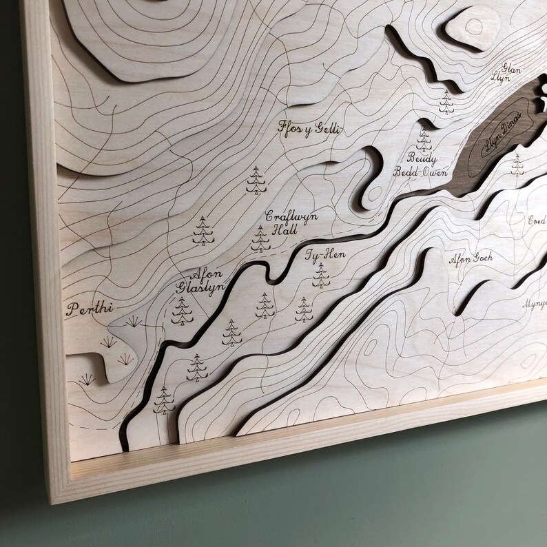 Llyn Dinas Wooden topographic map / North Wales / Beddgelert / River Glaslyn / Snowdonia / Nant Gwynant / Lake Llyn Dinas / Framed Artwork image 6