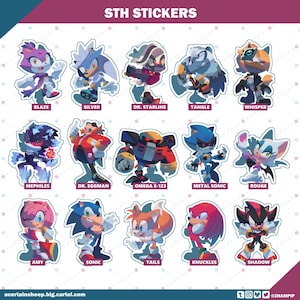 May include: A sheet of colorful stickers featuring characters from the Sonic the Hedgehog franchise. The stickers include Blaze, Silver, Dr. Starline, Tangle, Whisper, Mephiles, Dr. Eggman, Omega E-123, Metal Sonic, Rouge, Amy, Sonic, Tails, Knuckles, and Shadow.