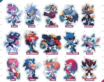 May include: A sheet of colorful stickers featuring characters from the Sonic the Hedgehog franchise. The stickers include Blaze, Silver, Dr. Starline, Tangle, Whisper, Mephiles, Dr. Eggman, Omega E-123, Metal Sonic, Rouge, Amy, Sonic, Tails, Knuckles, and Shadow.
