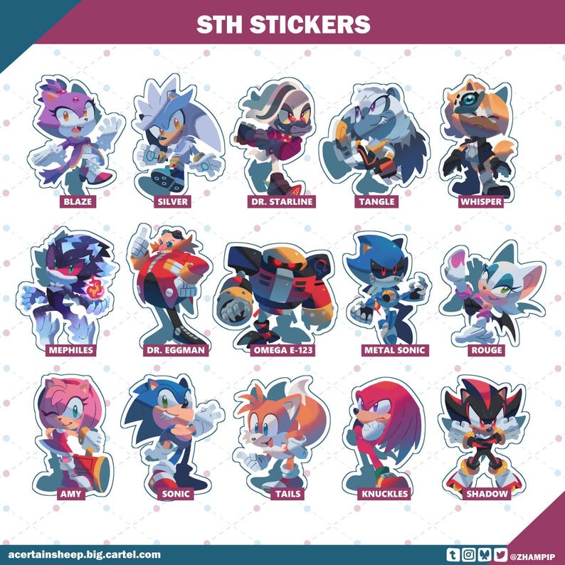 May include: A sheet of colorful stickers featuring characters from the Sonic the Hedgehog franchise. The stickers include Blaze, Silver, Dr. Starline, Tangle, Whisper, Mephiles, Dr. Eggman, Omega E-123, Metal Sonic, Rouge, Amy, Sonic, Tails, Knuckles, and Shadow.